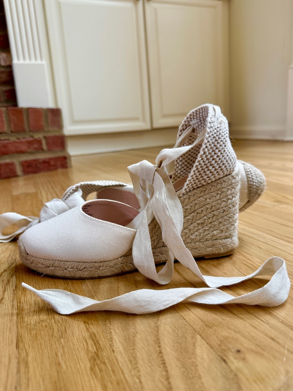J. Crew Cream Canvas Espadrille Wedge Sandals with Ankle Wrap
